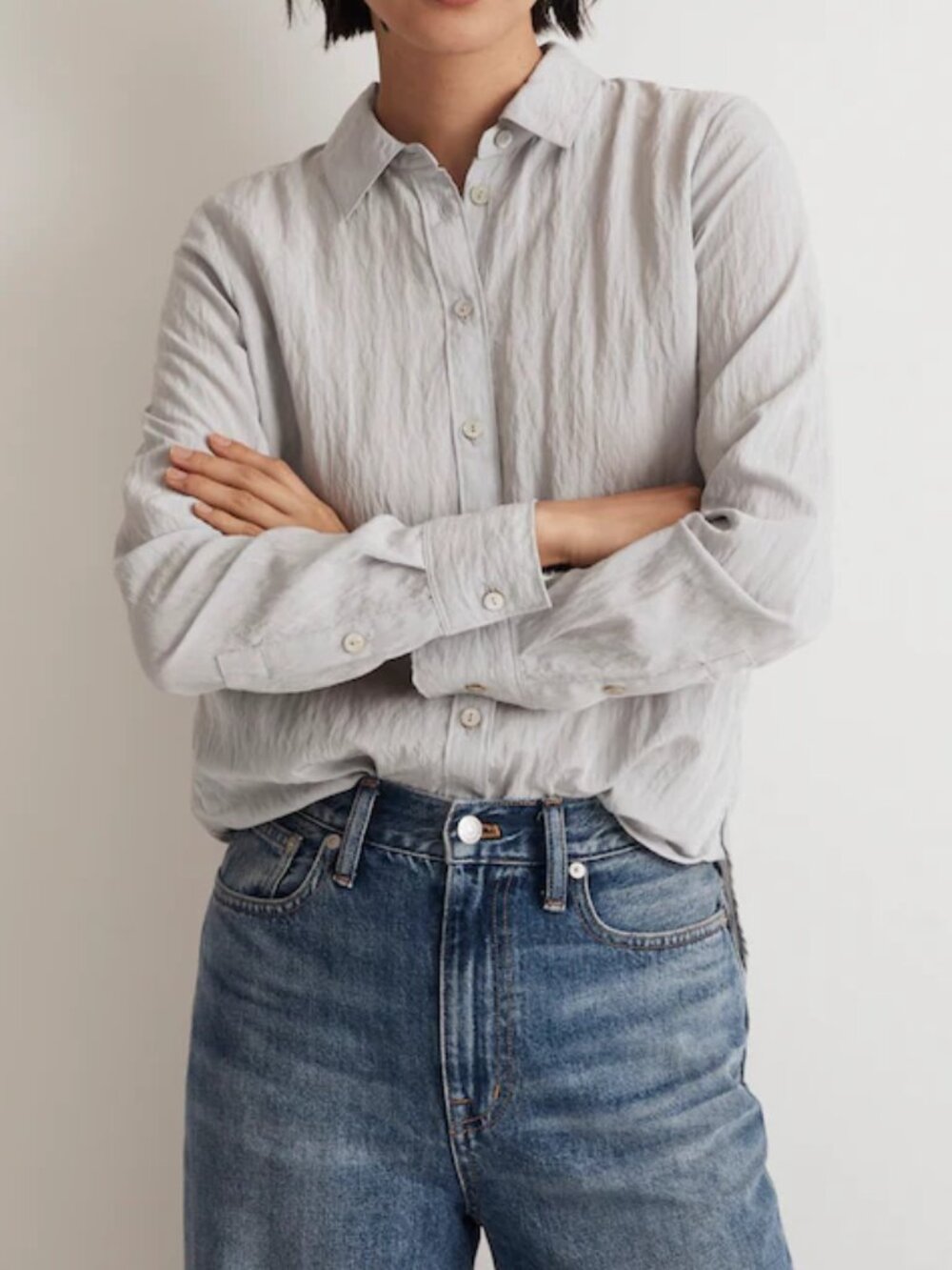 Madewell Crinkled Button-Up Shirt Abalone Buttons Gray | Small